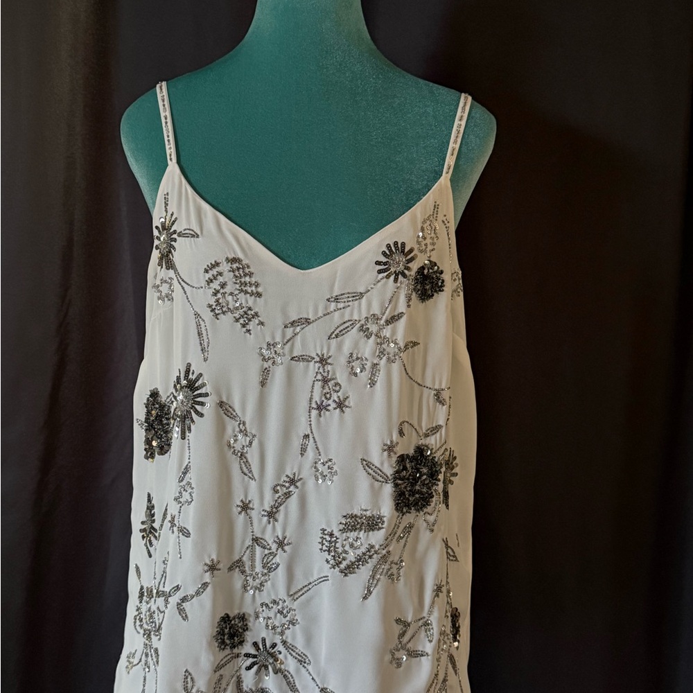 WHBM Sleeveless V-Neck Embellished Cami – Ecru Beaded Floral, Size M - Picture 2 of 14